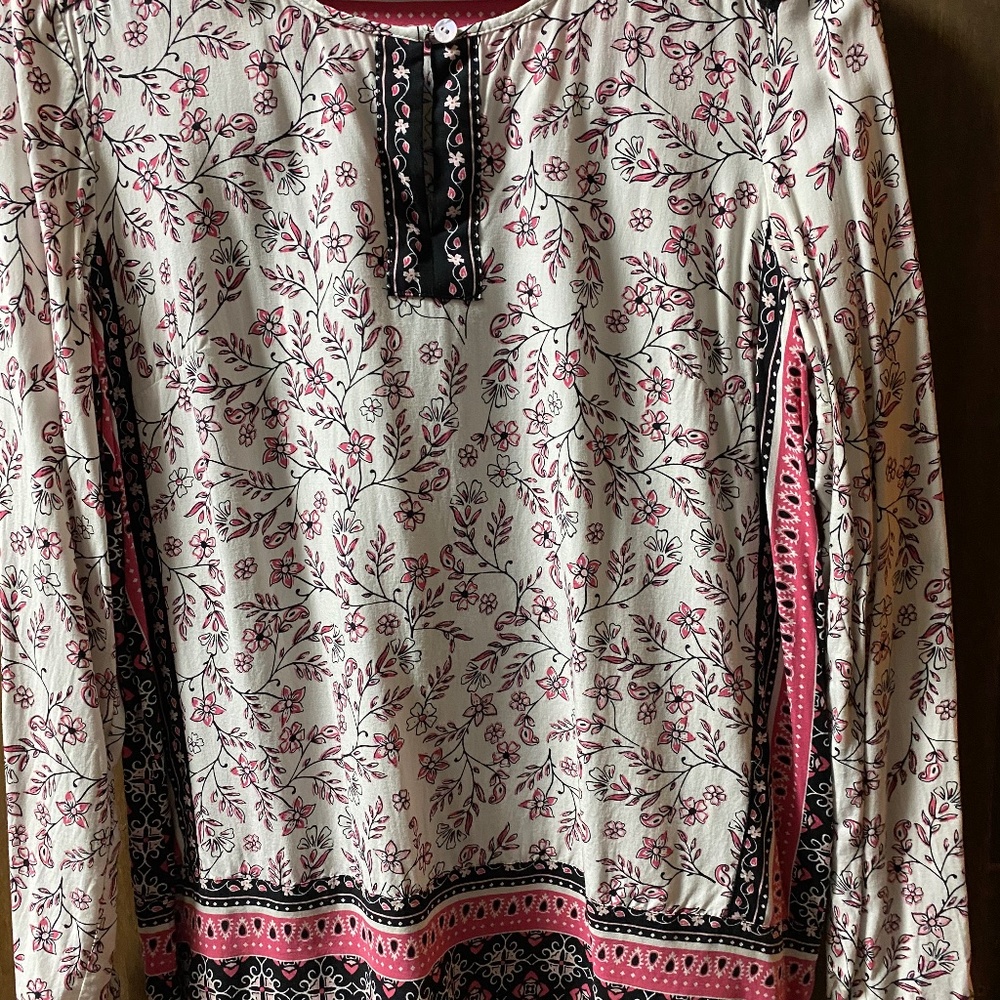 JJill, extra small, Tunic top, cream/black/pink, dressy or casual, polyester